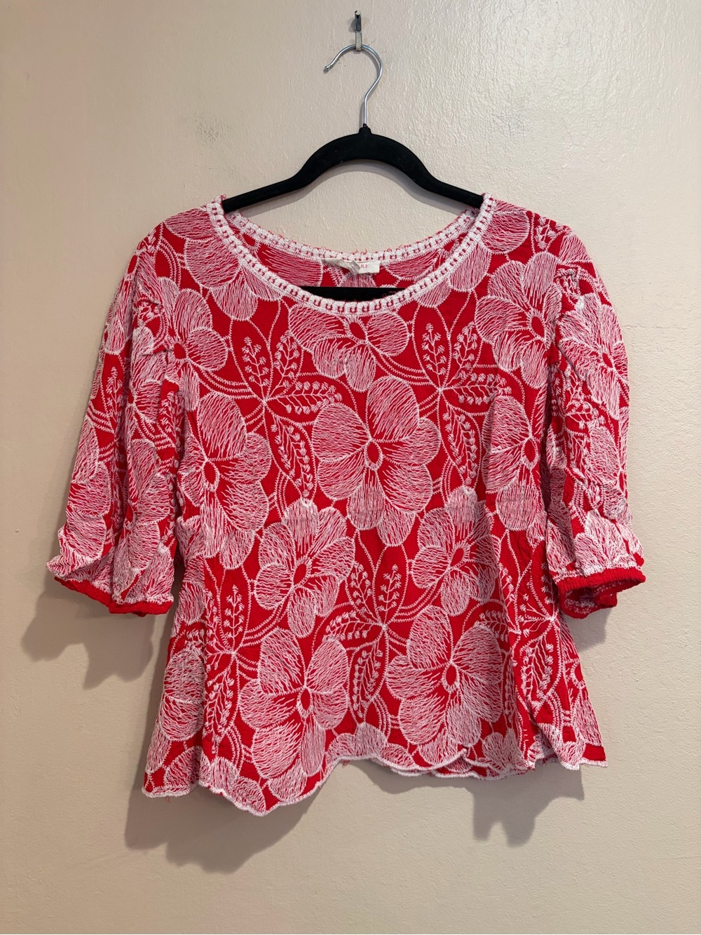 Solitaire Bright Red Floral Crochet-Trim Blouse, Poofy Sleeves, Summer Garden